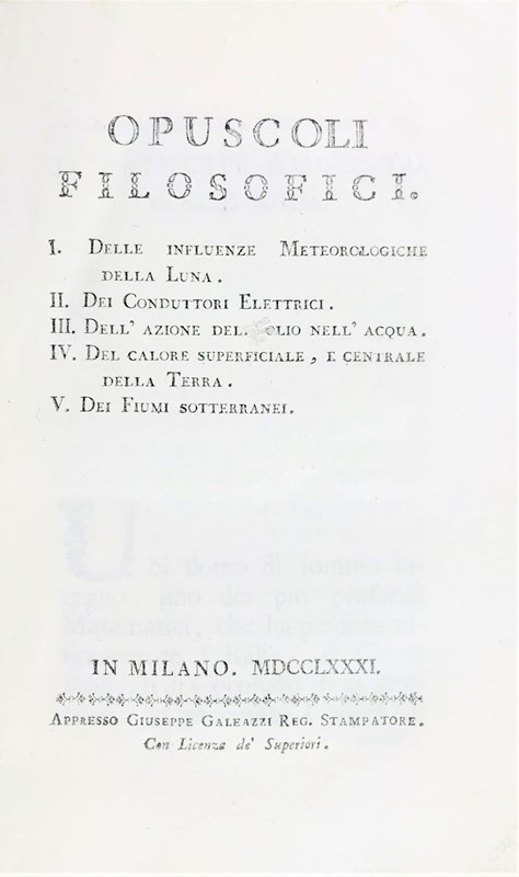 Philosophy. FRISI. Opuscoli Filosofici.  - Auction RARE ANTIQUE & MODERN BOOKS  [..]