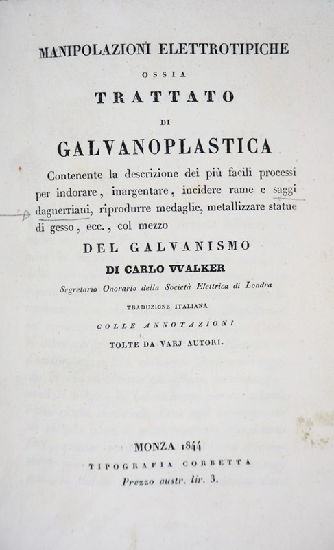 Electrotyping. WALKER. Manipolazioni elettrotipiche.  - Electrotyping - Auction  [..]