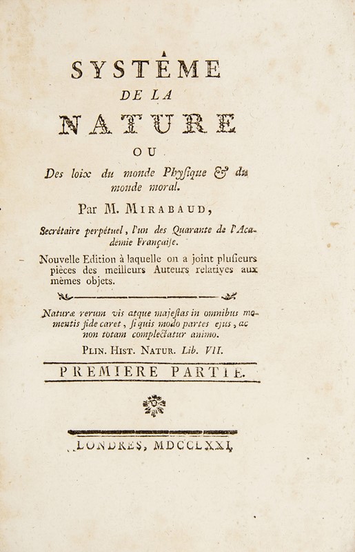 Enlightenment philosophy. HOLBACH. Syst&#234;me de la nature. 1771.  - Auction RARE BOOKS & GRAPHIC ARTS - Bado e Mart Auctions