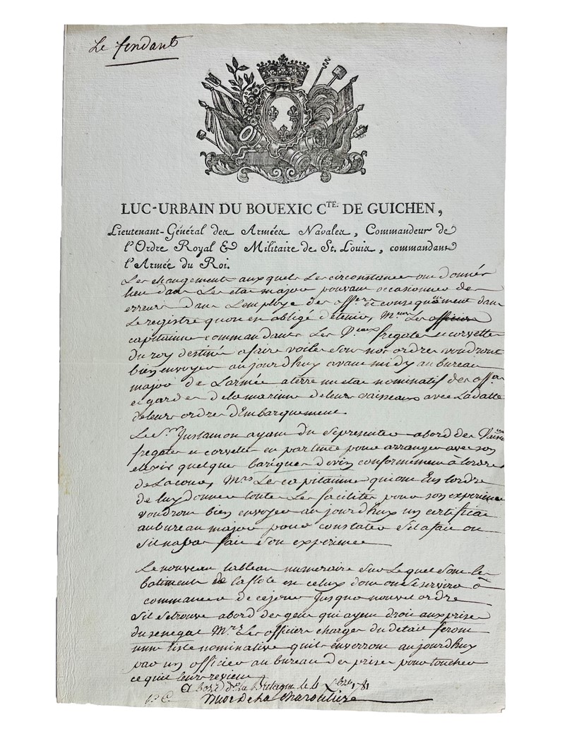 Marine. BUOR DE LA CHAROULI&#200;RE. Lettera firmata.  (1781)  - Auction RARE  [..]