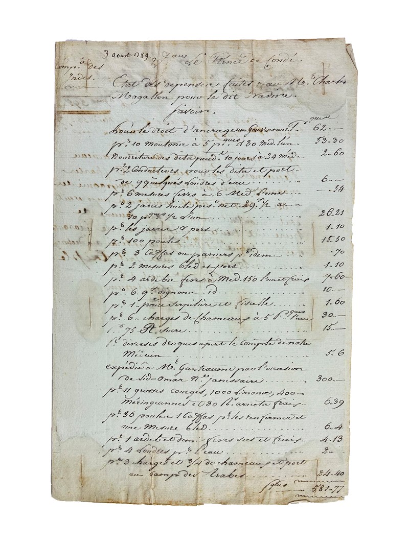 East India Company. GANTEAUME. Rendiconto spese per la Compagnia delle Indie Orientali  [..]