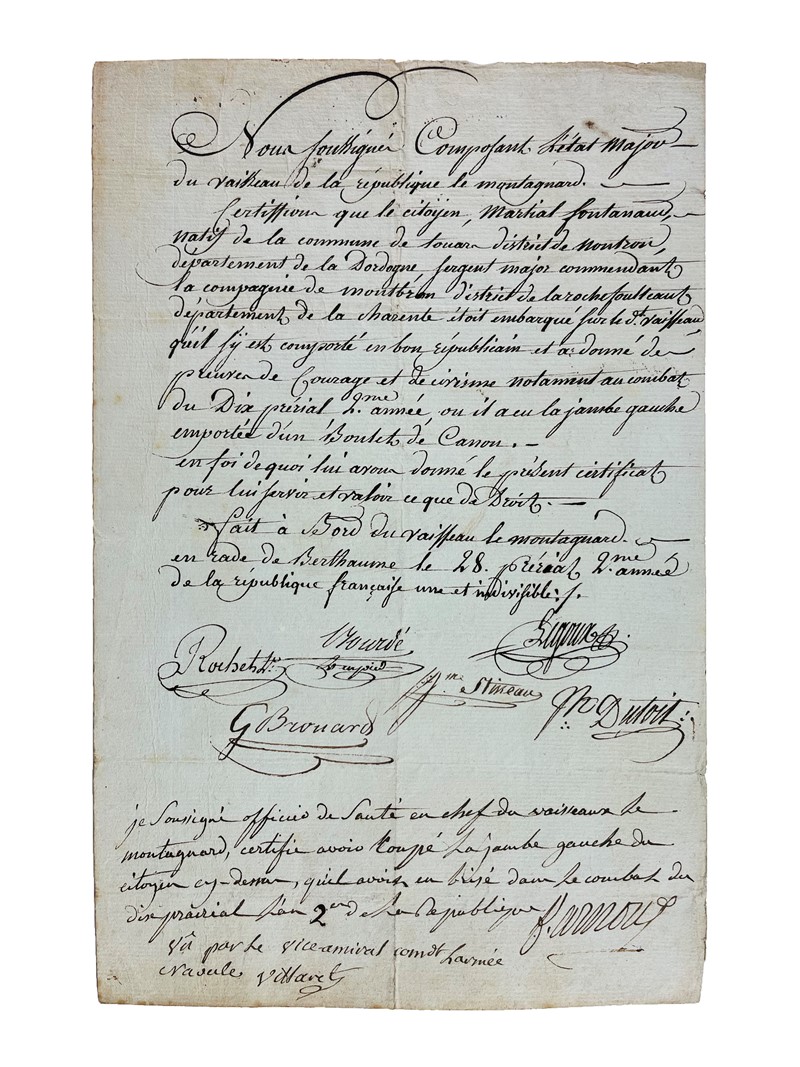 Handwritten Page. VILLARET-JOYEUSE. Certificato di ferite firmato dello Stato Maggiore  [..]
