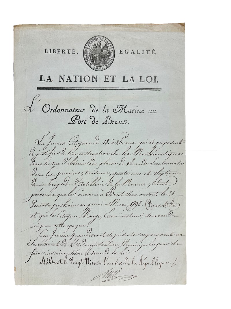 Monge. SAN&#201;. Avviso firmato.  (1798)  - Auction RARE BOOKS, PRINTS, DOCUMENTS  [..]