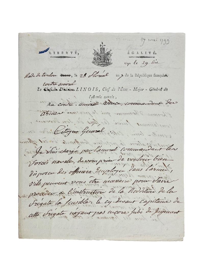 Marine. LINOIS. Lettera autografa.  (1799)  - Auction RARE BOOKS, PRINTS, DOCUMENTS  [..]