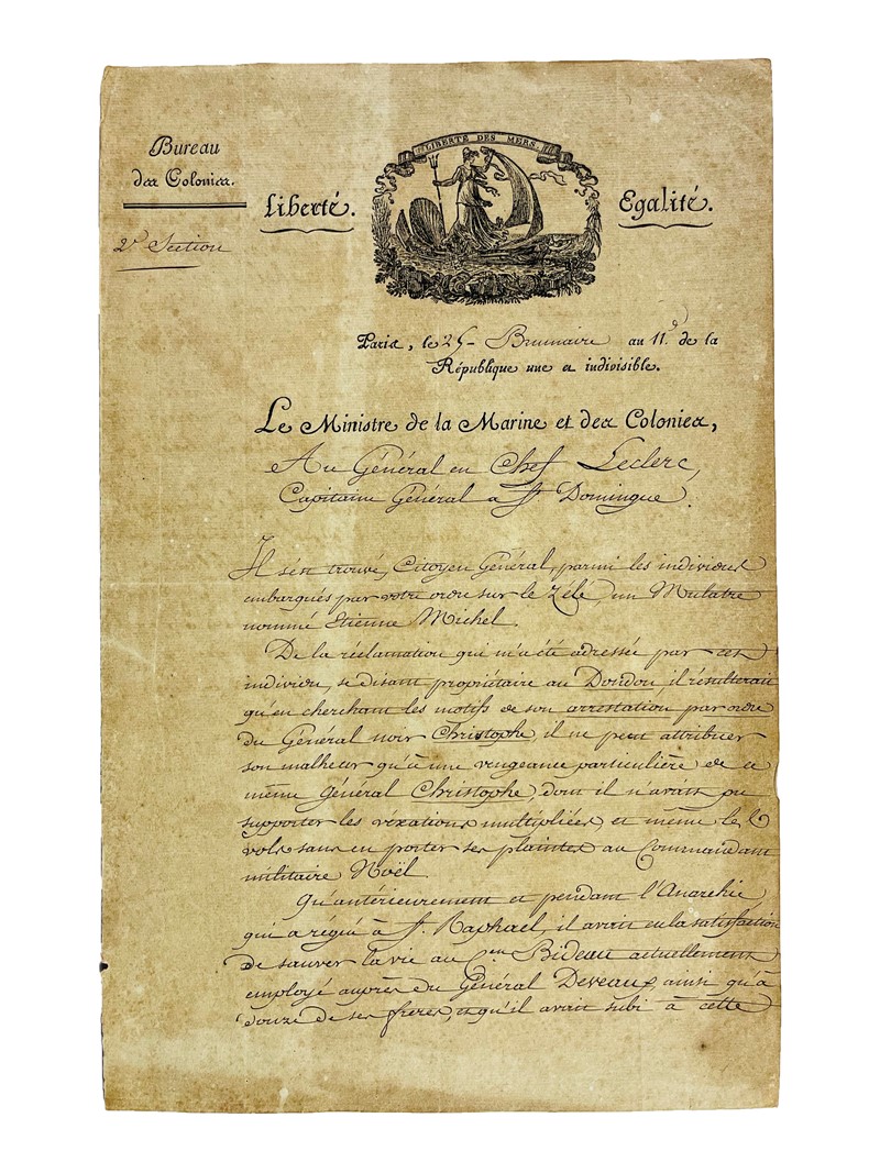 Santo Domingo. D&#201;CRES. Lettera firmata al Generale in Capo Leclerc, Capitano  [..]