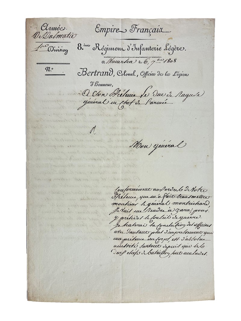 Dalmatia. BERTRAND DE SIVRAY. Lettera di Bertrand de Sivray al Duca di Ragusa Marmont.  [..]