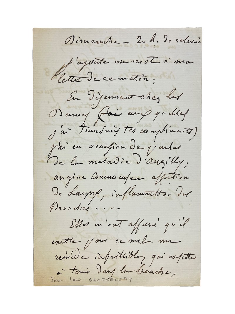 Medicine. BARTH&#201;L&#201;MY. Lettera indirizzata a Monsieur Angilly in  [..]