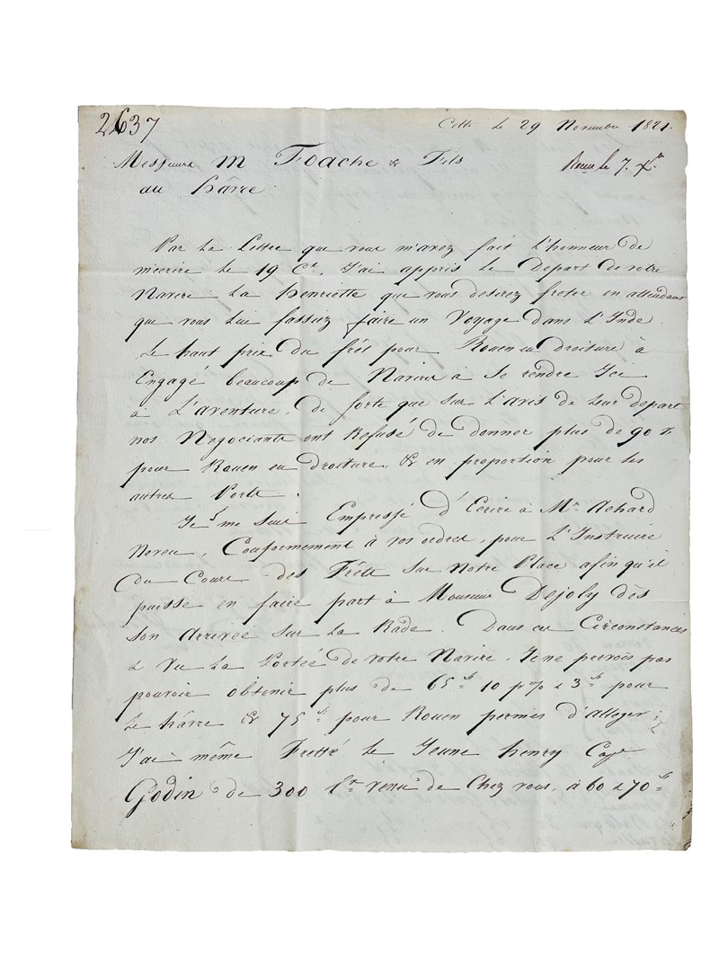 Trade to India. BONJEAN. Lettera commerciale manoscritta e autografa indirizzata  [..]