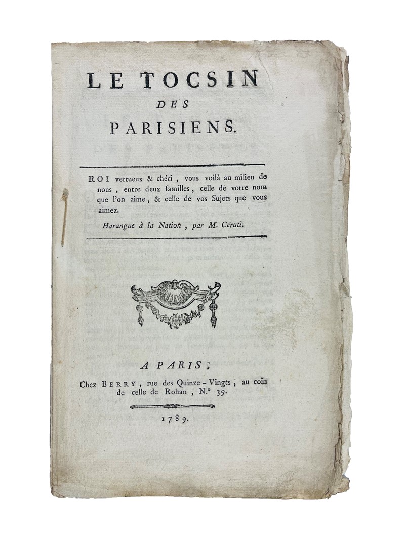 Politics. C&#201;RUTTI. Le Tocsin Des Parisiens.  (1789)  - Auction RARE BOOKS,  [..]
