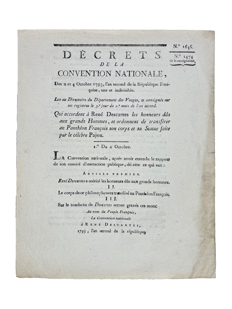 Honors for Descartes. D&#233;cret de la Convention Nationale... qui accordent  [..]