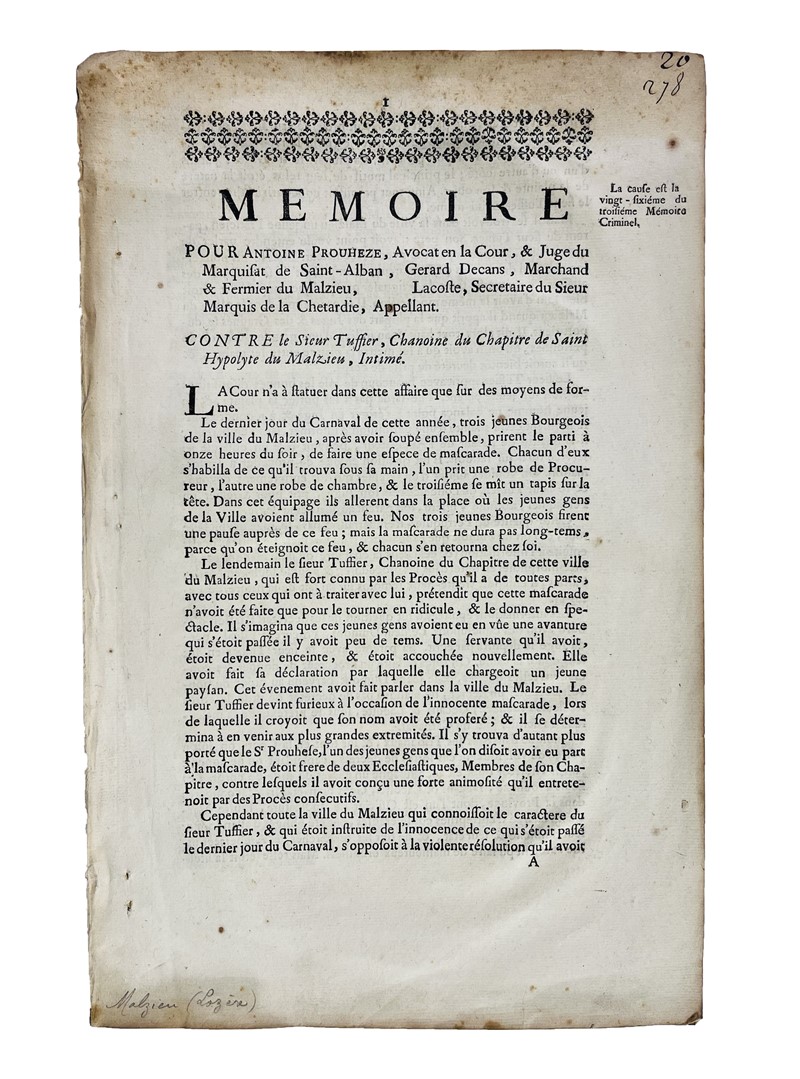Justice in the Ancien Regime. Memoire pour Antoine Prouheze Avocat en la Cour...  [..]