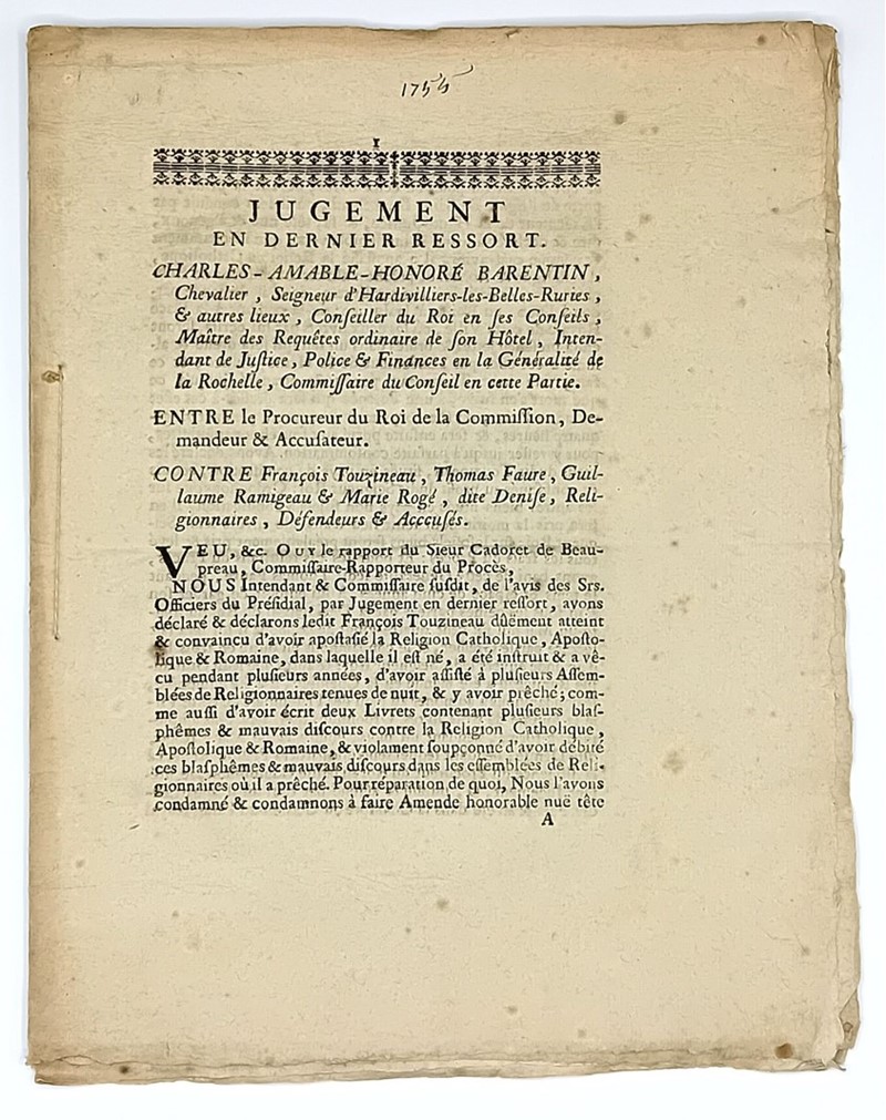 Protestantism - Trial for blasphemy against the Catholic religion. Jugement en dernier  [..]