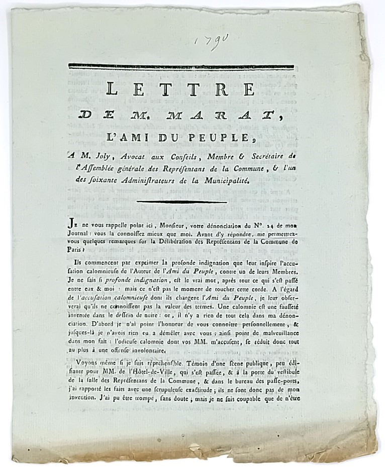 Defence of Marat against slander. MARAT. Lettre de Marat, auteur de l’Ami  [..]