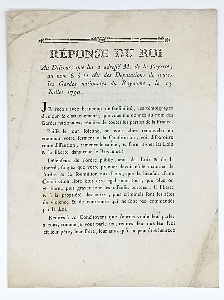 Louis XVI and de La Fayette. R&#233;ponse du Roi au Discours que lui a adress&#233;  [..]