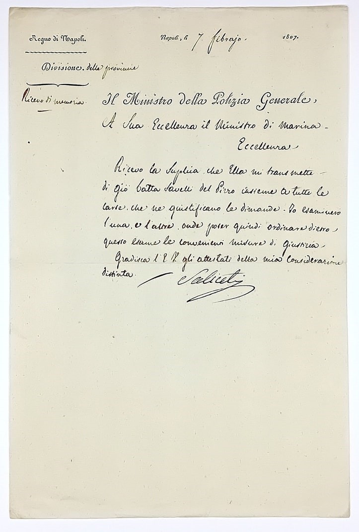 Corsica. SALICETI. Autograph letter to the Minister of the Navy of the Kingdom of  [..]