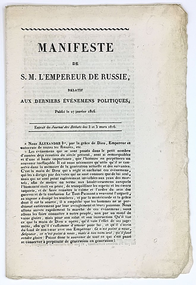 Russia - End of the Napoleonic Era. TSAR ALEXANDER I. Manifeste de Sa Majest&#233;  [..]