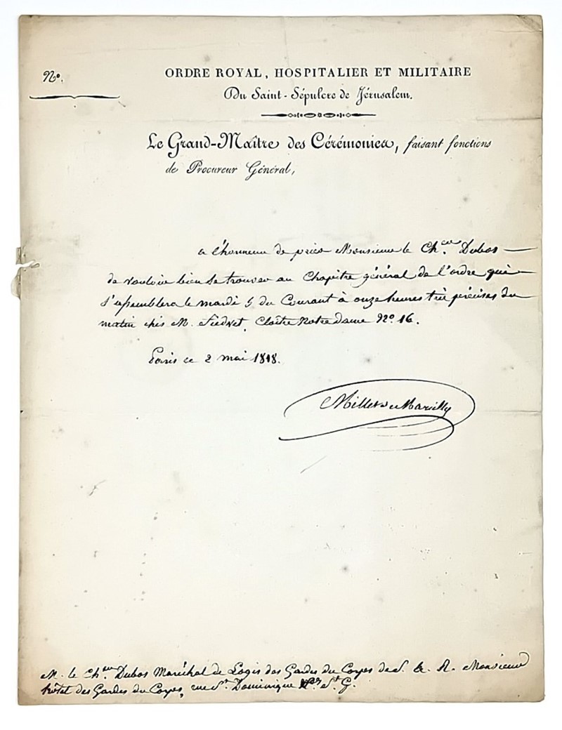 Malta Order. MILLET DE MARCILLY. Signed letter. Invitation to an Assembly of the  [..]