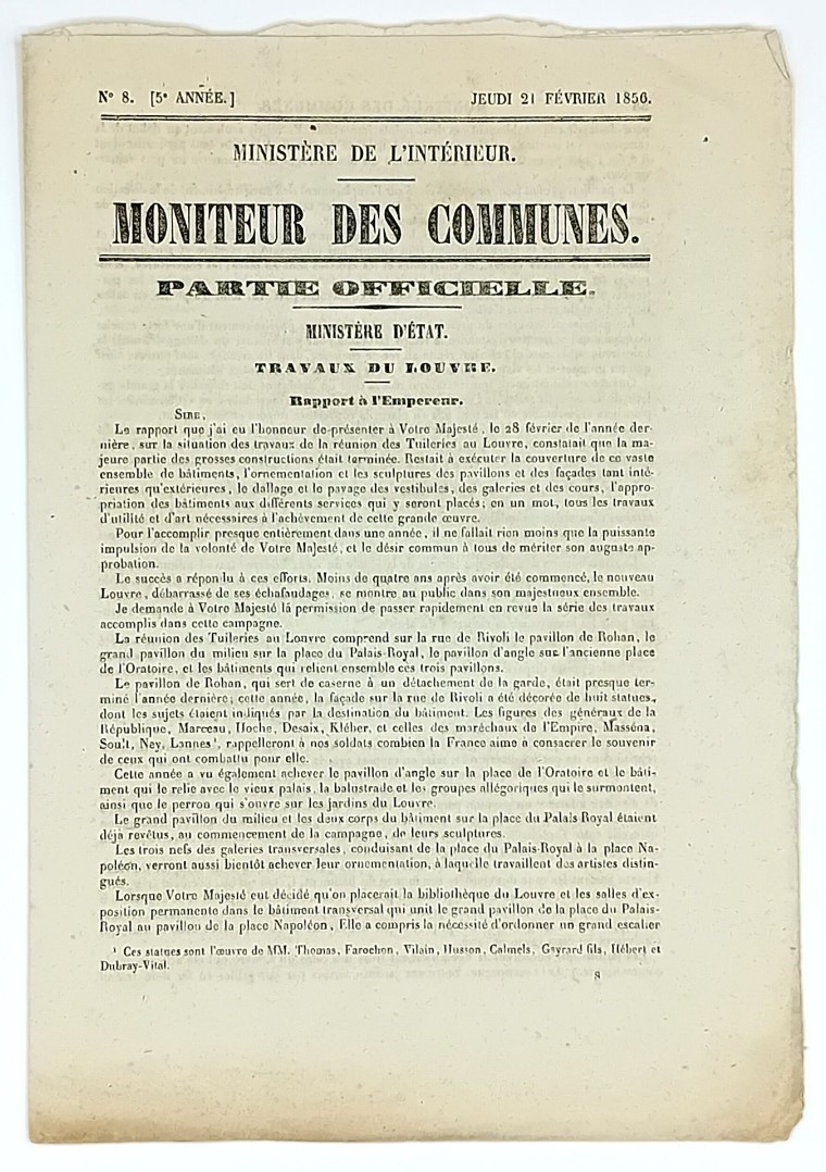 Louvre’s Expansions. NAPOLEONE III. Moniteur des Communes.  (1856)  - Auction  [..]