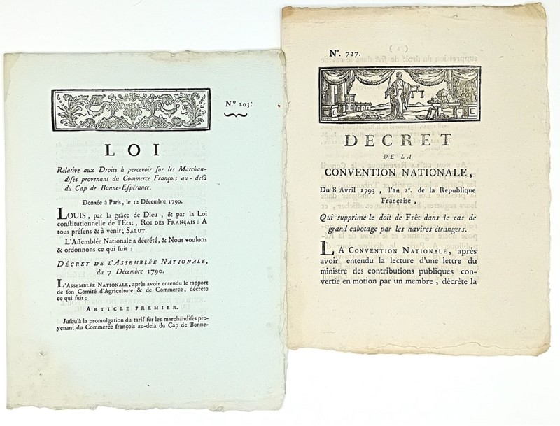 Maritime duties in the French Revolution. Two Laws in first edition.  (1790-93)  [..]