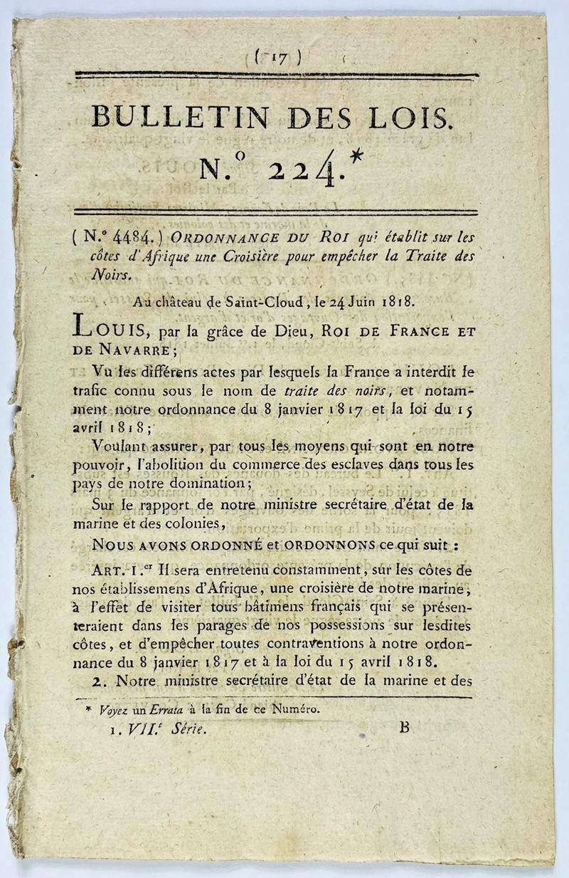Abolishing of Slavery. LOUIS XVIII. Ordonnance du Roi qui &#233;tablit sur les  [..]