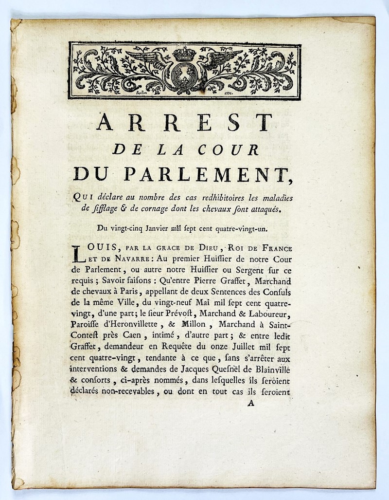 Horse Diseases. Arrest de la Cour du Parlement, qui declare au nombre des cas redhibitoires  [..]