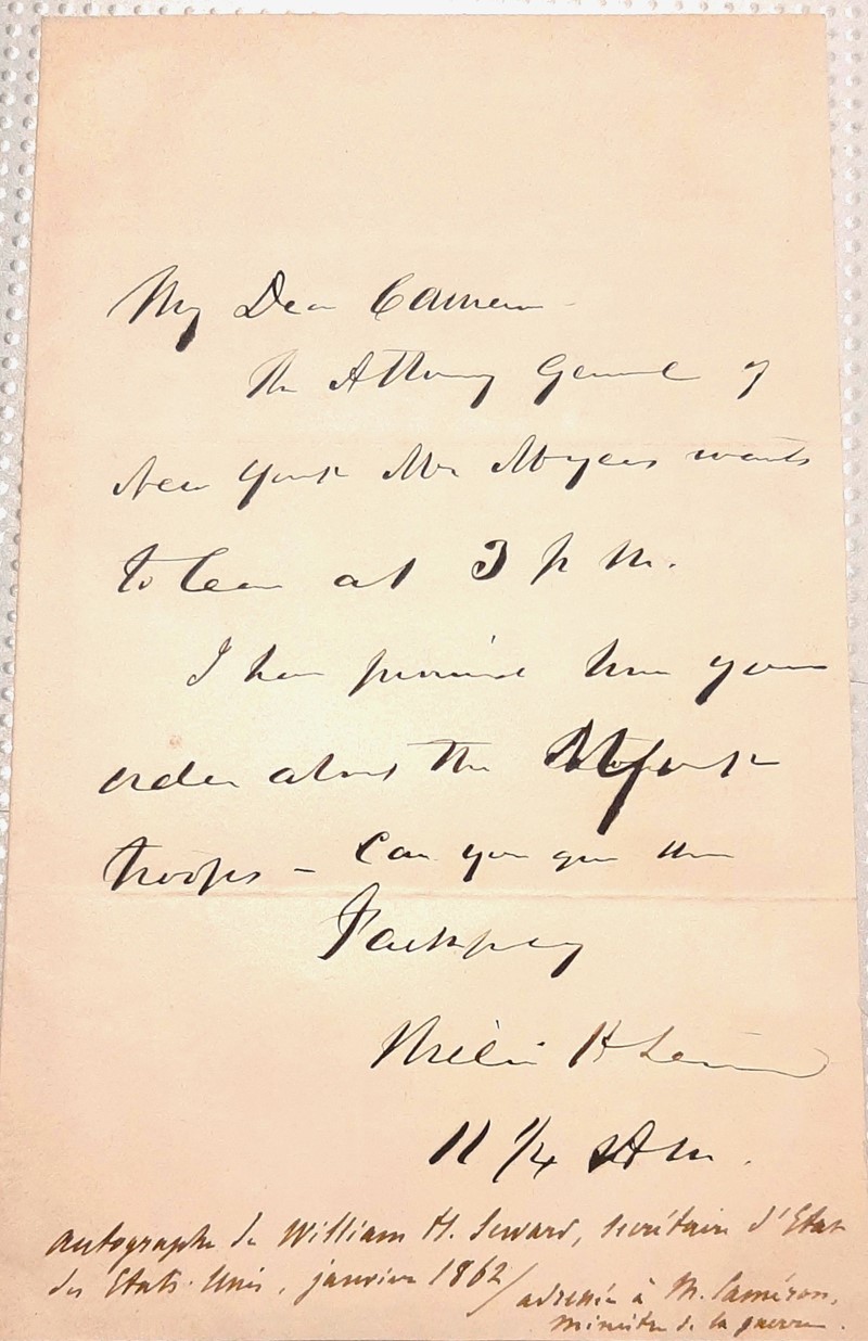 SEWARD. Signed autograph letter to Simon Cameron, American Secretary of War.  (1862)  [..]