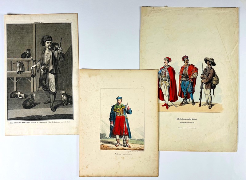 Costumes. Three engravings of Albanian, Austrian and Croatian Soldiers.  - Asta  [..]