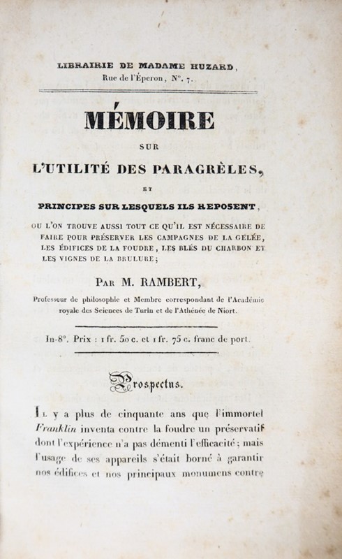 Lightning rod. RAMBERT. M&#233;moire sur l’utilit&#233; des Paragr&#232;les.  [..]