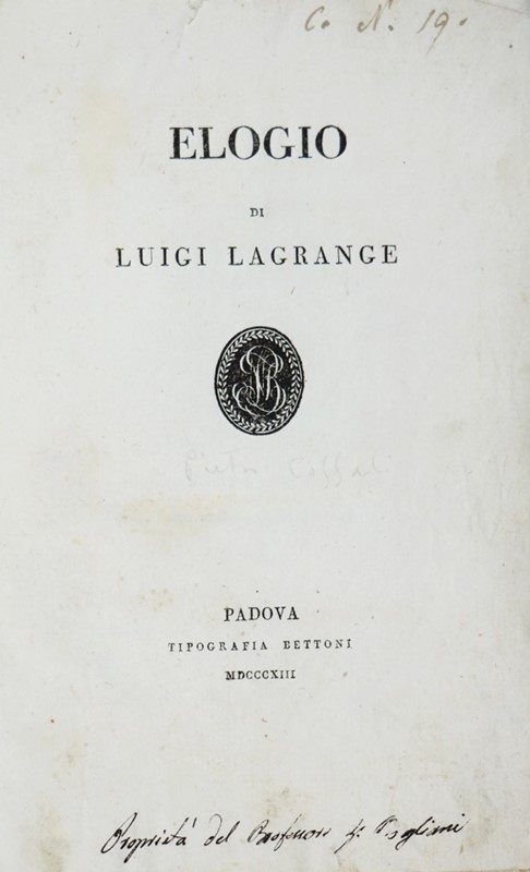 Lagrange. COSSALI. Elogio di Luigi Lagrange.  - Auction Fine Books, Manuscripts, Prints and Autographs - Bado e Mart Auctions