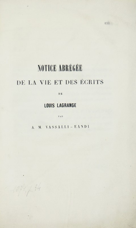 Lagrange. VASSALLI EANDI. Notice abregee de la vie et des ecrits de Louis Lagrange.  [..]