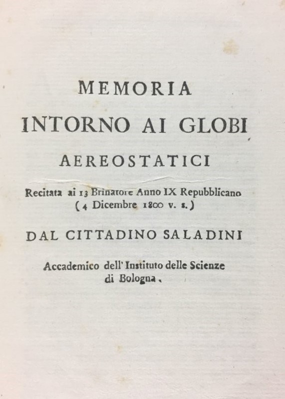 Aerostatics-Globes. SALADINI. Memoria intorno ai Globi Aerostatici.  - Auction RARE  [..]