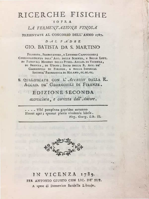 Gastronomy. SAN MARTINO. Ricerche fisiche sopra la fermentazione vinosa.  - Auction  [..]