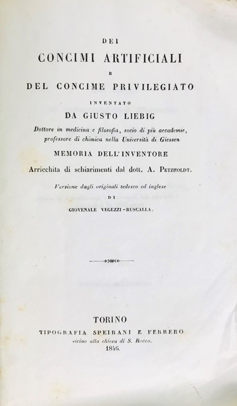 Fertilizer. von LIEBIG. Dei Concimi Artificiali.  - Auction RARE ANTIQUE & MODERN  [..]