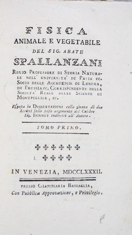 Physiology. SPALLANZANI. Fisica Animale e Vegetabile esposta in Dissertazioni colla  [..]