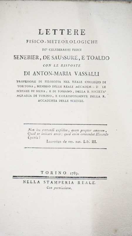 Electricity/Meteorology. VASSALLI EANDI. Lettere Fisico-Meteorologiche.  - Auction  [..]