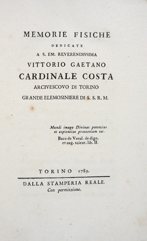 Physics/Mathematics. VASSALLI EANDI. Memorie fisiche dedicate a S. M. Rev.ma  Vittorio  [..]
