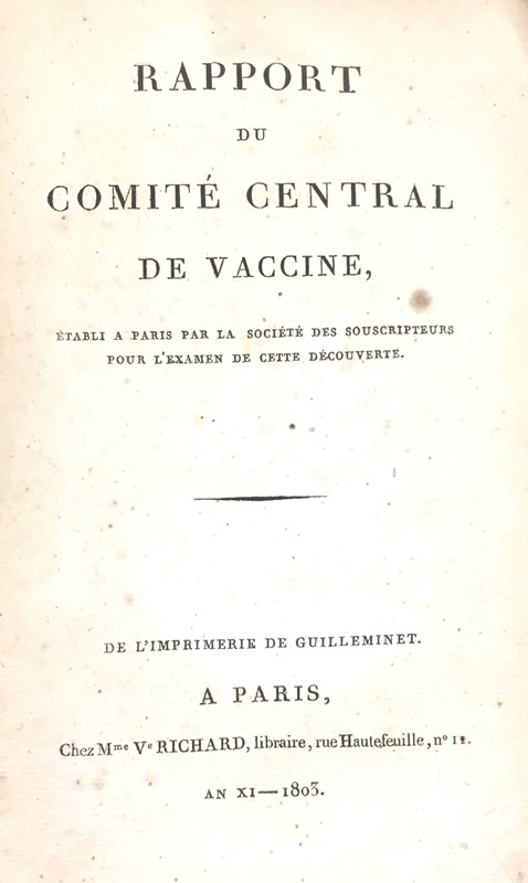 Vaccination. AA.VV. Rapport du Comit&#233; Centrale de Vaccine.  - Asta RARE BOOKS, ATLASES, AUTOGRAPHS AND DRAWINGS - Bado e Mart Auctions