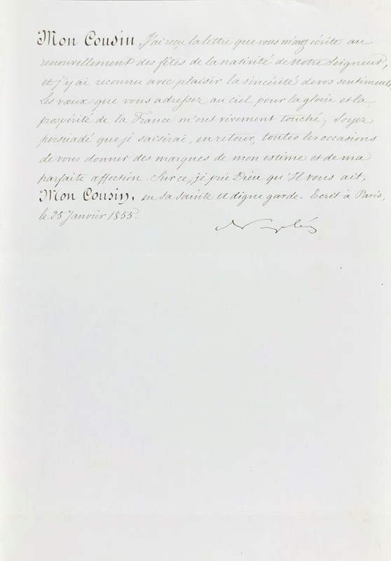Autograph. Carlo Luigi Napoleone Bonaparte (Napoleone III). Lettera. 25 Janvier 1855.  - Auction RARE BOOKS, PRINTS, MAPS AND DOCUMENTS. - Bado e Mart Auctions