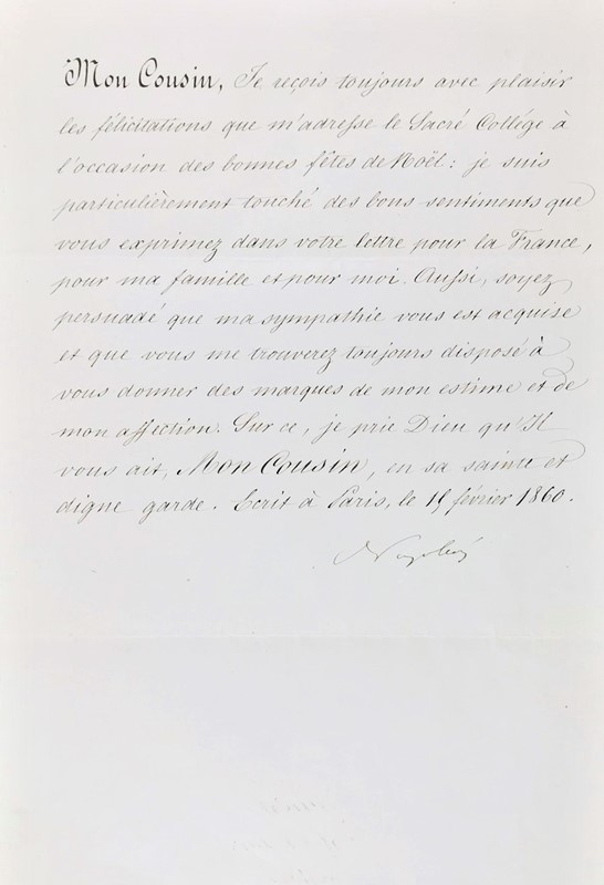 Autograph. Carlo Luigi Napoleone Bonaparte (Napoleone III) Lettera. 19 fevrier 1860.  - Auction RARE BOOKS, PRINTS, MAPS AND DOCUMENTS. - Bado e Mart Auctions