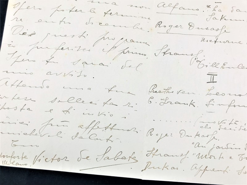 Autograph. Victor de Sabata. Lettera.  - Auction Books, Autographs, Prints and Documents  [..]