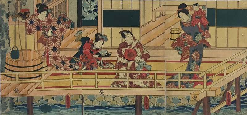 KUNISADA. Family scene on a terrace above the river.  - Auction RARE BOOKS, ATLASES, AUTOGRAPHS AND DRAWINGS - Bado e Mart Auctions