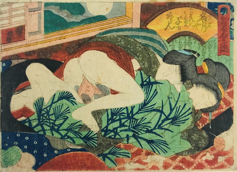 KUNISADA. SHUNGA-Erotic Print. Two women and a man