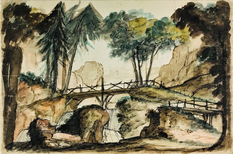 Watercolor. FOSSATI. Paesaggio montano con alberi e ponte.  - Auction ASIAN AND  [..]