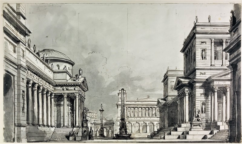 SEVESI. Scenografia con palazzi, colonna ed obelisco.  - Auction ASIAN AND CONTINENTAL  [..]