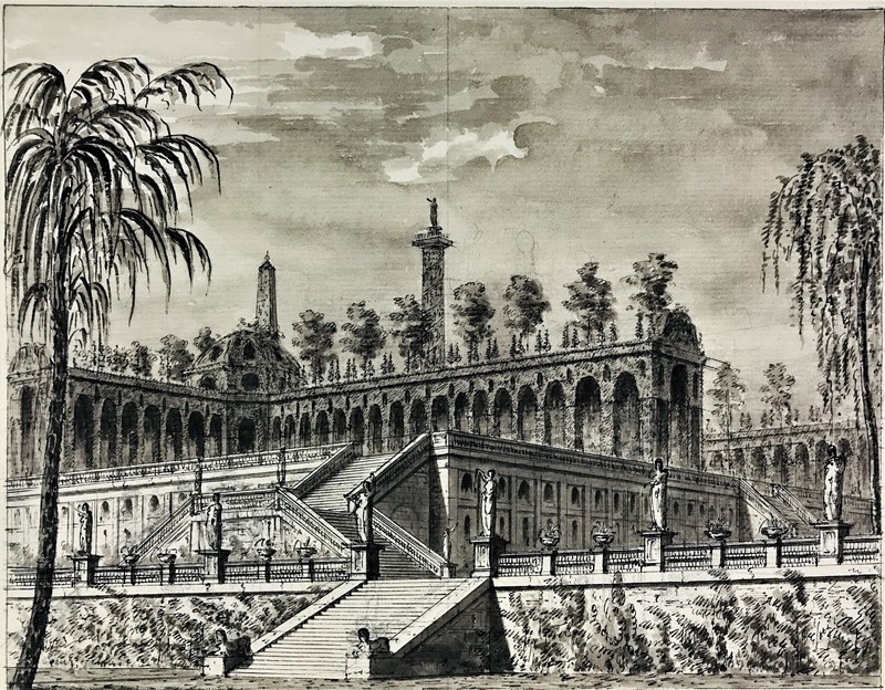 Attribuited to POZZETTI. Scenografia con giardino e gradinate.  - Auction ASIAN  [..]