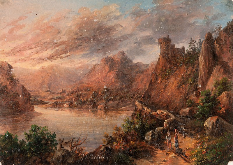 BARONI. Paesaggio montano al tramonto con castello e personaggi.  - Auction RARE BOOKS & GRAPHIC ARTS - Bado e Mart Auctions