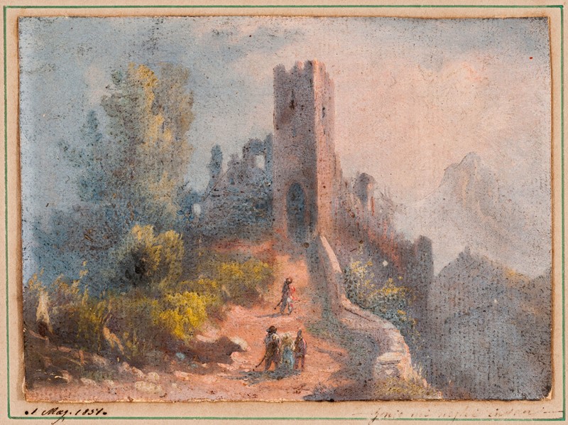 Maniera di Francesco BAGNARA. Paesaggio con torre e personaggi in cammino.  - Auction  [..]