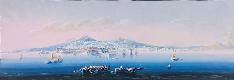 Gouache. Scuola napoletana del XIX secolo. Veduta di Napoli e del Vesuvio dal Golfo.  [..]