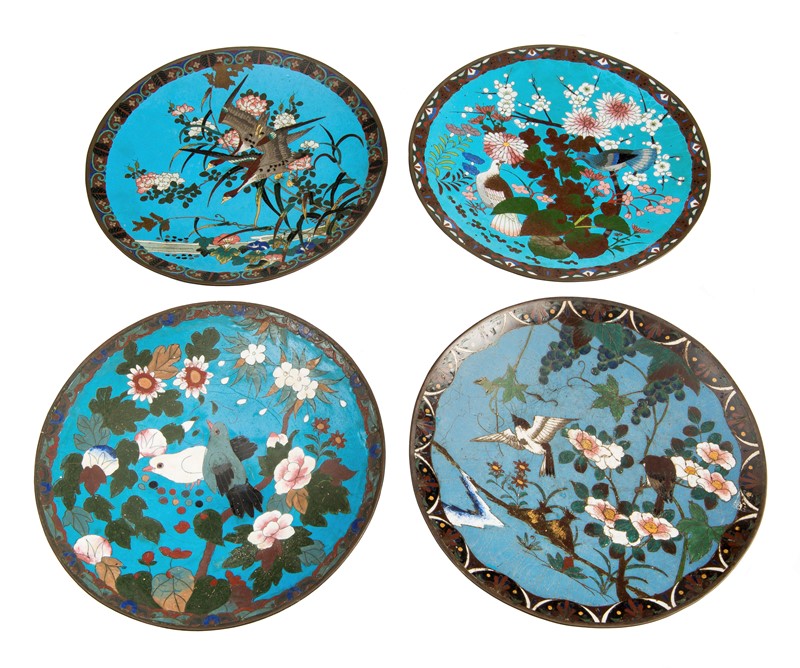 Japanese Meiji Period Cloisonné Enamel Plates with different birds, flowers...