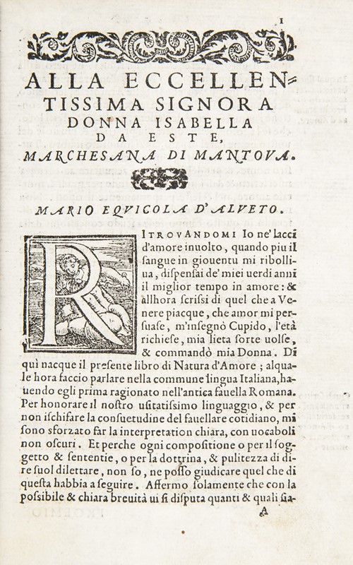 Passions theory of 16th century. EQUICOLA. D&#39;alveto di natura d&#39;amore.  - Auction Fine Books, Manuscripts, Prints and Autographs - Bado e Mart Auctions